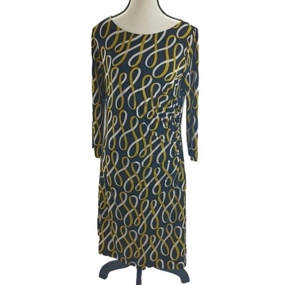 Ann Taylor Dress Black Gold Geometric Shift Stretch 3/4 Sleeve Womens Size M